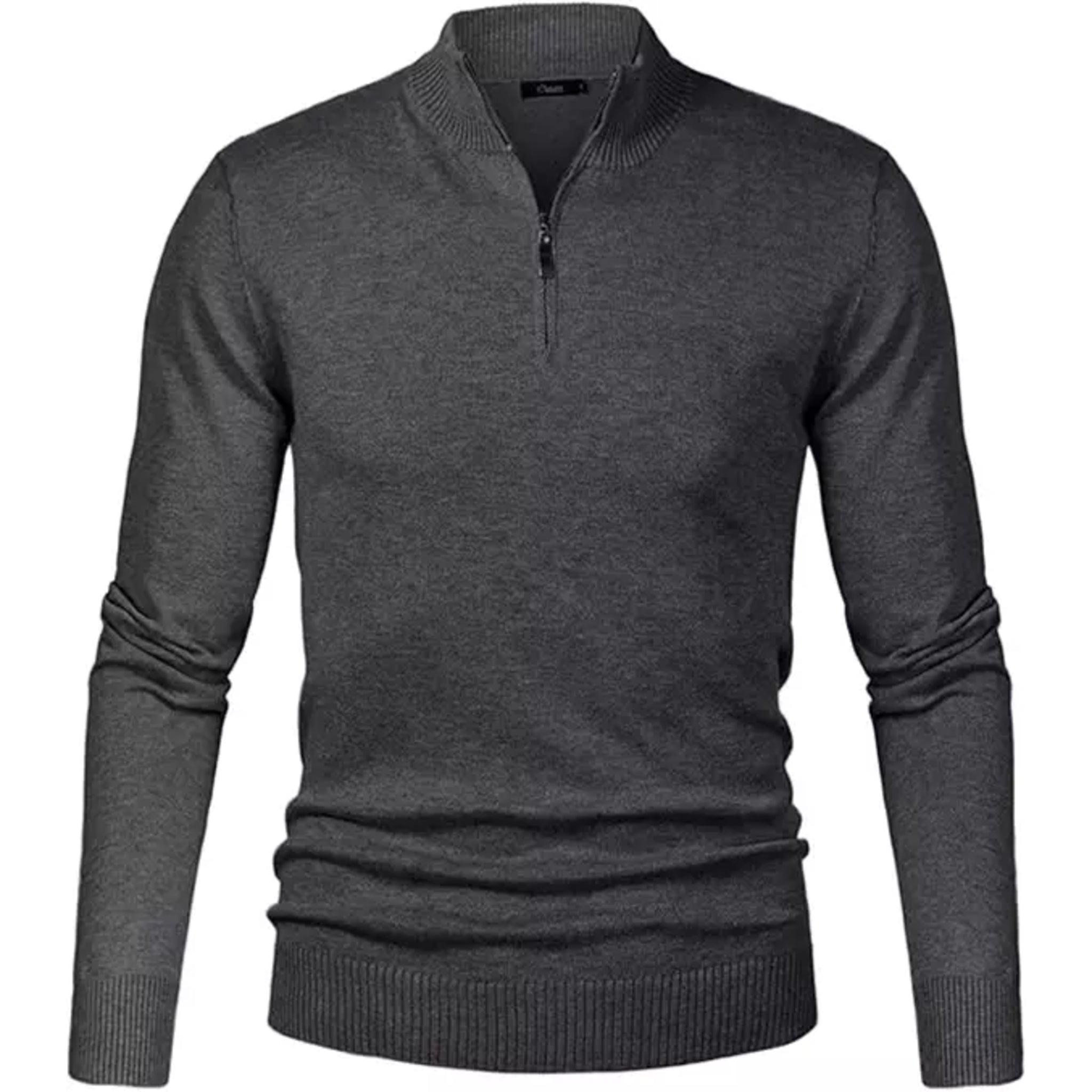 Men's high-quality classic 1/4 zip jumper in charcoal – long sleeve knit sweater with ribbed cuffs and hem, ideal for smart casual wear